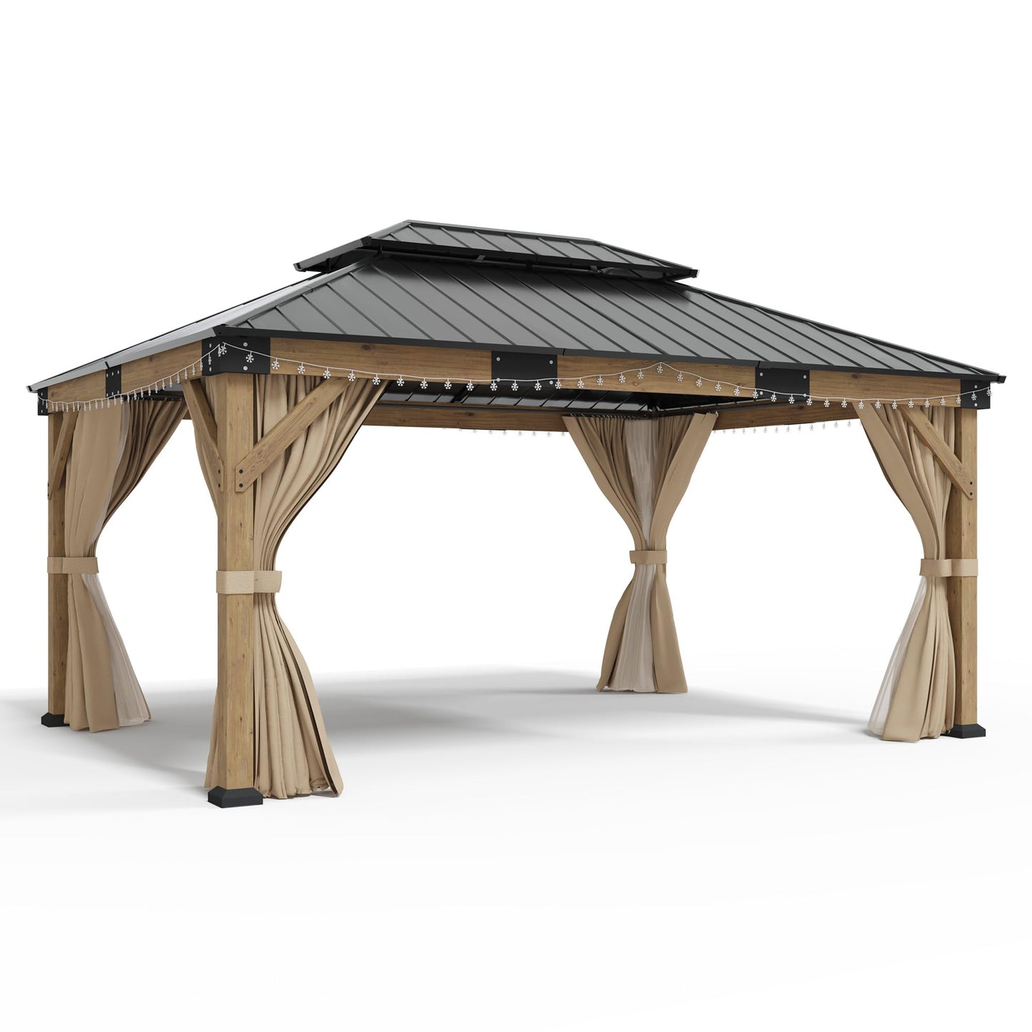 AMERLIFE 12' x 16' Heavy Duty Hardtop Gazebo with Double Metal Roof, Wood Gazebo with Privacy Curtains & Mosquito Netting, Outdoor Pavilion for Backyard, Garden & Patio, Brown