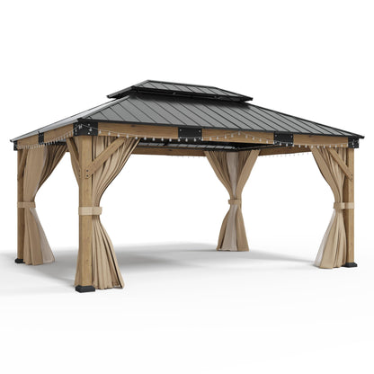 AMERLIFE 12' x 16' Heavy Duty Hardtop Gazebo with Double Metal Roof, Wood Gazebo with Privacy Curtains & Mosquito Netting, Outdoor Pavilion for Backyard, Garden & Patio, Brown