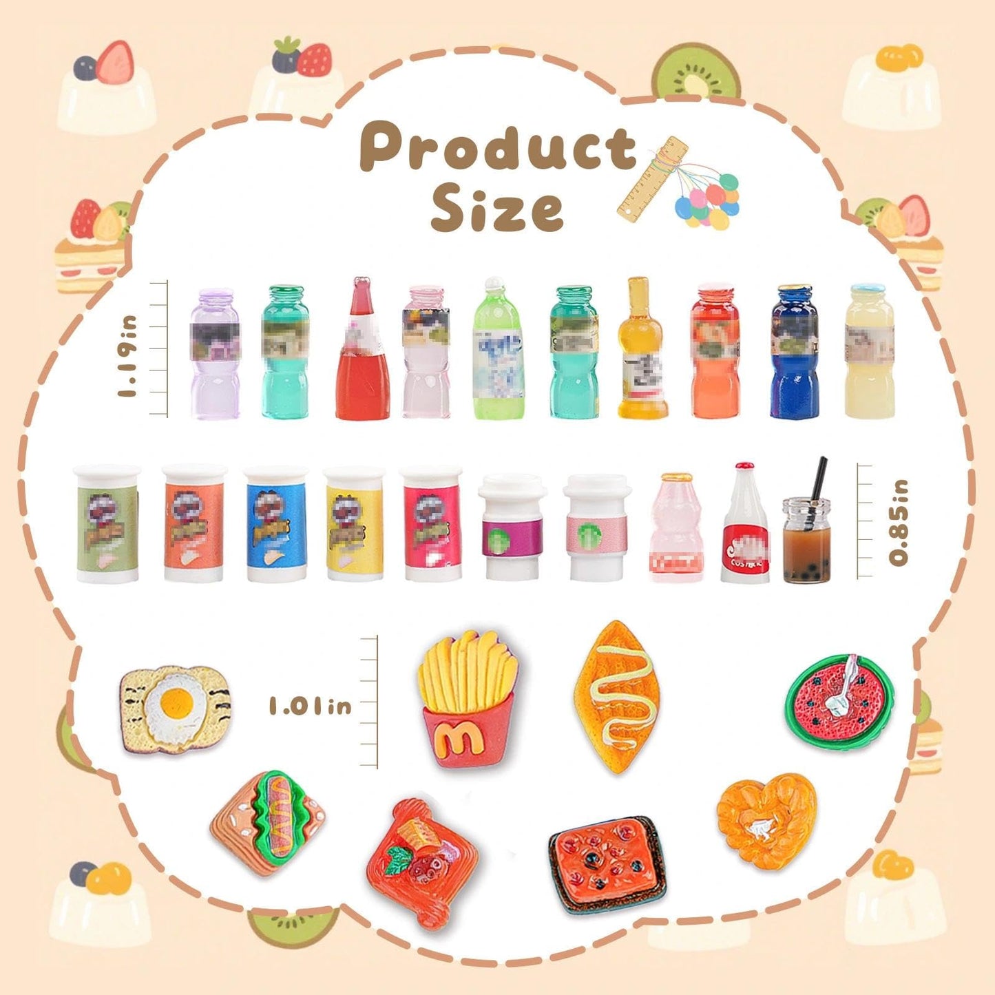 100 Pcs Miniature Food Drink Bottles Soda Pop Cola Cans Pretend Play Kitchen Game Party Accessories Toys Cake Ice Cream for 1/12 Doll House Mixed Mini Resin Figures Favor Toy Dollhouse Decorations