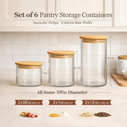 ComSaf Glass Storage Containers with Lids (0.6qt/1qt/1.5qt) Set of 6,Glass Pantry Storage Containers with Airtight Lid & lables for Dry Food, Snacks, Nuts, Stackable for Kitchen, Pantry Organization