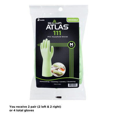 SHOWA 111 Skin-Friendly Dishwashing Gloves, Latex-Free PVC, Reusable Housekeeping Gloves with Cotton Liner, Non-Slip Grip for Kitchen & Gardening, Made in Japan, Medium, 2-Pairs