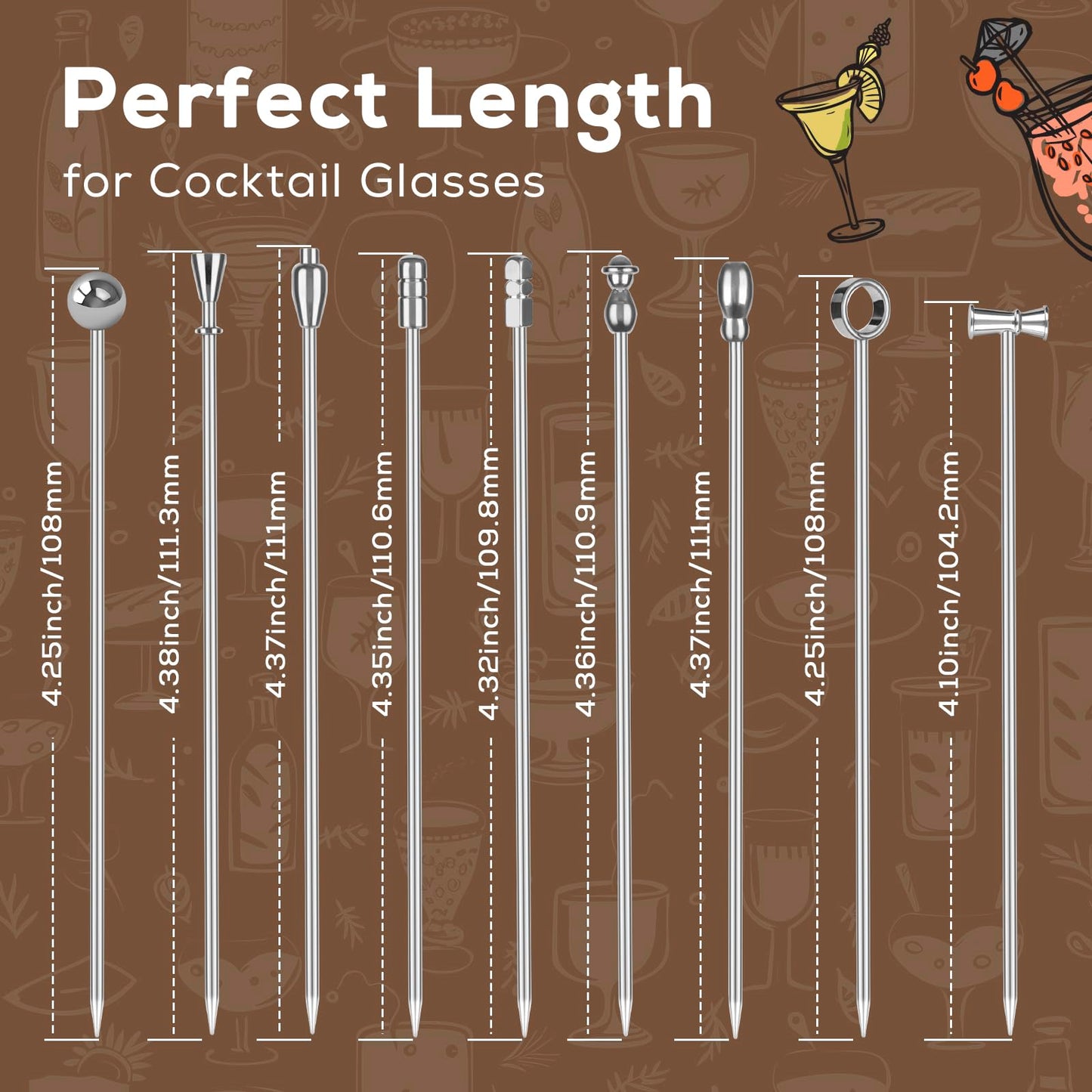 Metal Martini Cocktail Picks 9 Pcs, 4.1 in Olive Skewers Stainless Steel, Martini Garnish Sticks Reusable, Metal Toothpicks for Drinks, Appetizers, Bar Accessories Gift for Bartenders - Sliver