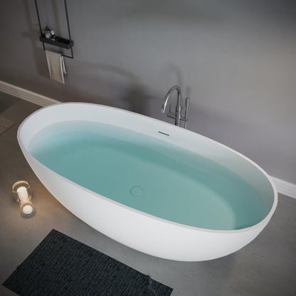 GDFStudio 65" Freestanding Solid Surface Bathtub, Handcrafted Stone Resin Soaking Tub with Overflow and Pop-up Drain, Matte White Luxury Bathtub, Ergonomic Design, 57.6-Gallon Capacity