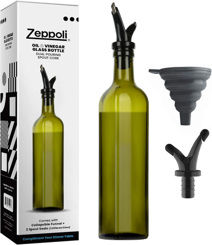 17 oz Set Zeppoli Kitchen Olive Oil & Vinegar Dispenser Bottle - with Removable Dual Spouts, Pour Funnel, Stainless