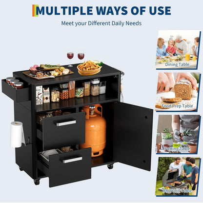 Heavy Duty Outdoor Grill Cart with Stainless Steel Prep Table, Lockable Wheels, Spacious Storage Cabinet, and Island Table Design for Patio or Kitchen Use