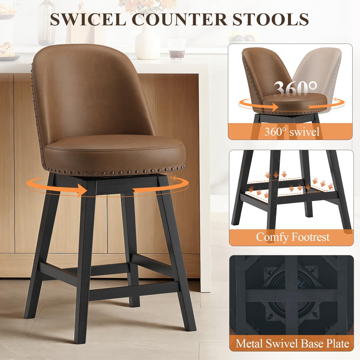 MALOL Swivel Counter Height Bar Stools Set of 4, Tall Faux Leather Barstools, Modern Bar Chairs with Solid Back and Wood Legs for Kitchen Island，Brown