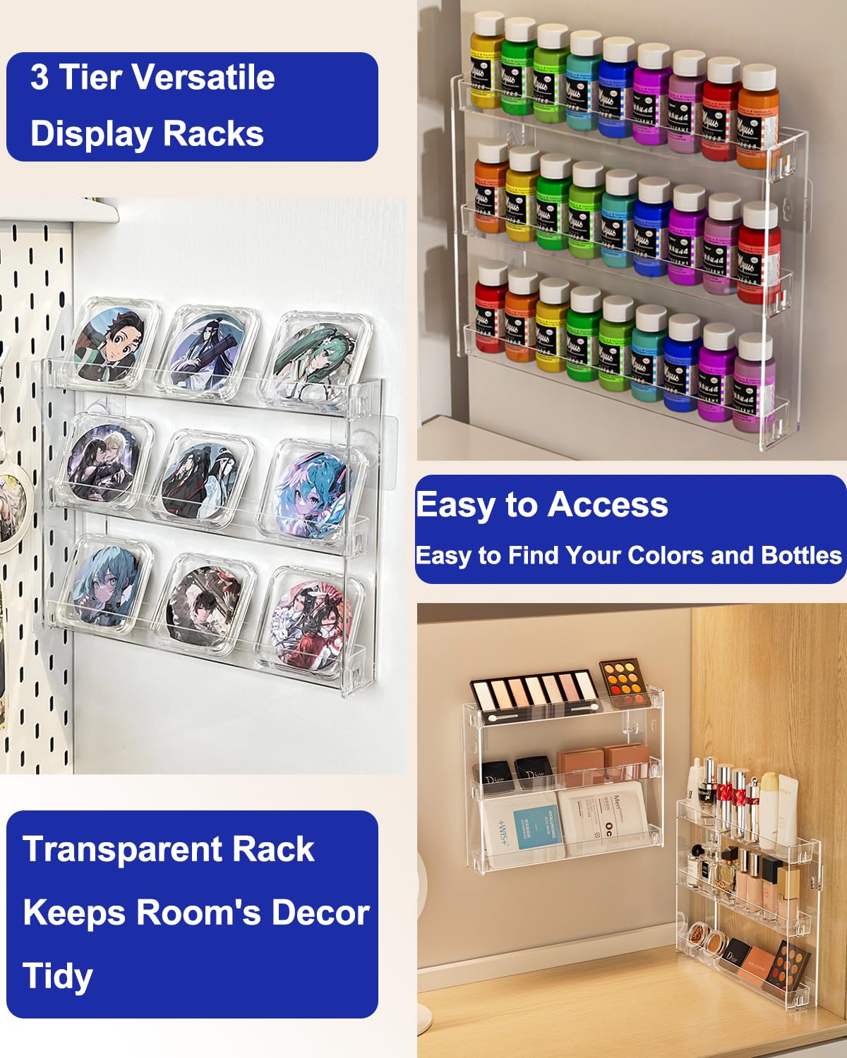Cocheetah 2Pack 3 Tier Display Rack, Clear Paint Rack Wall-Mount (No Drill), Acrylic Craft Paint Storage Organizer, Miniature Holder for 2oz Bottle, Nail Polish Organizer, Badges, Mini Figures (2)