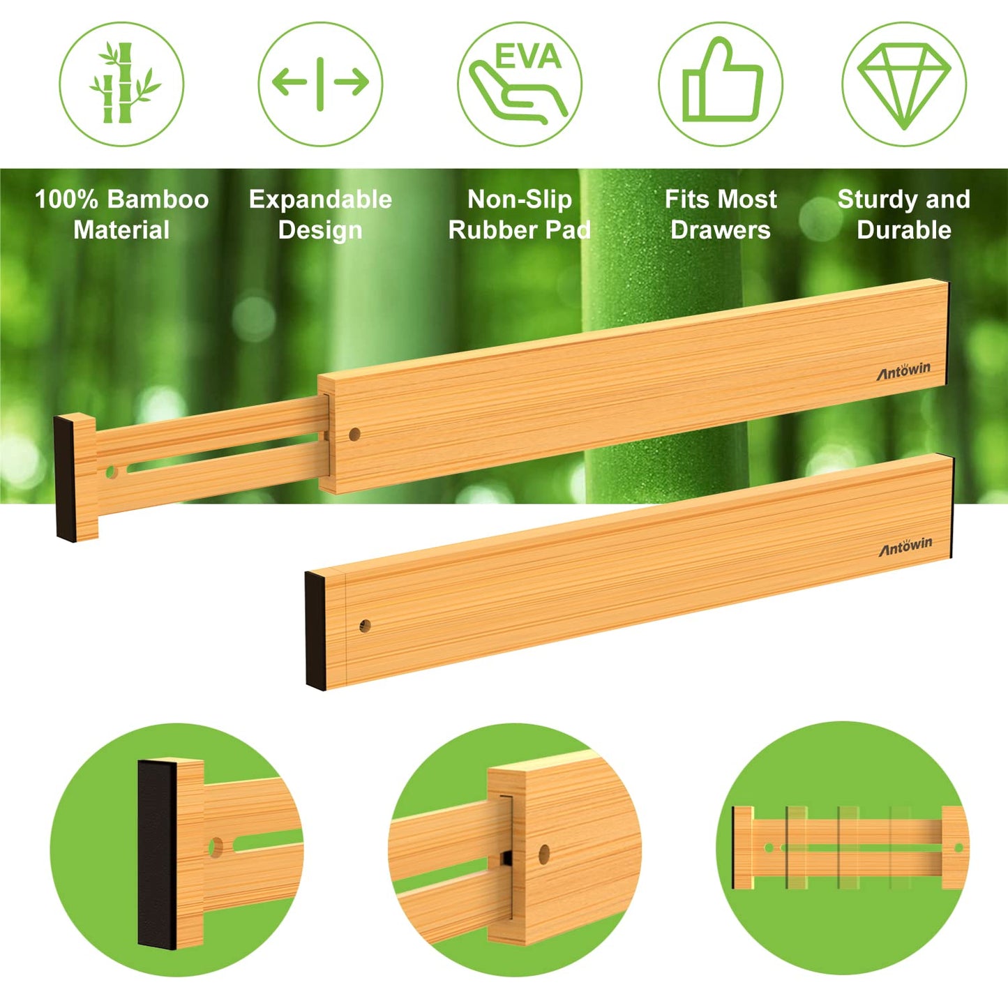 ANTOWIN Bamboo Drawer Dividers, Expandable Drawer Separators Splitter, 17-22 inches Adjustable Spring-loaded Organizer for Large Utensil, Clothes, Tools Drawers, 6 Pack Dividers + 4 Pack Baffle