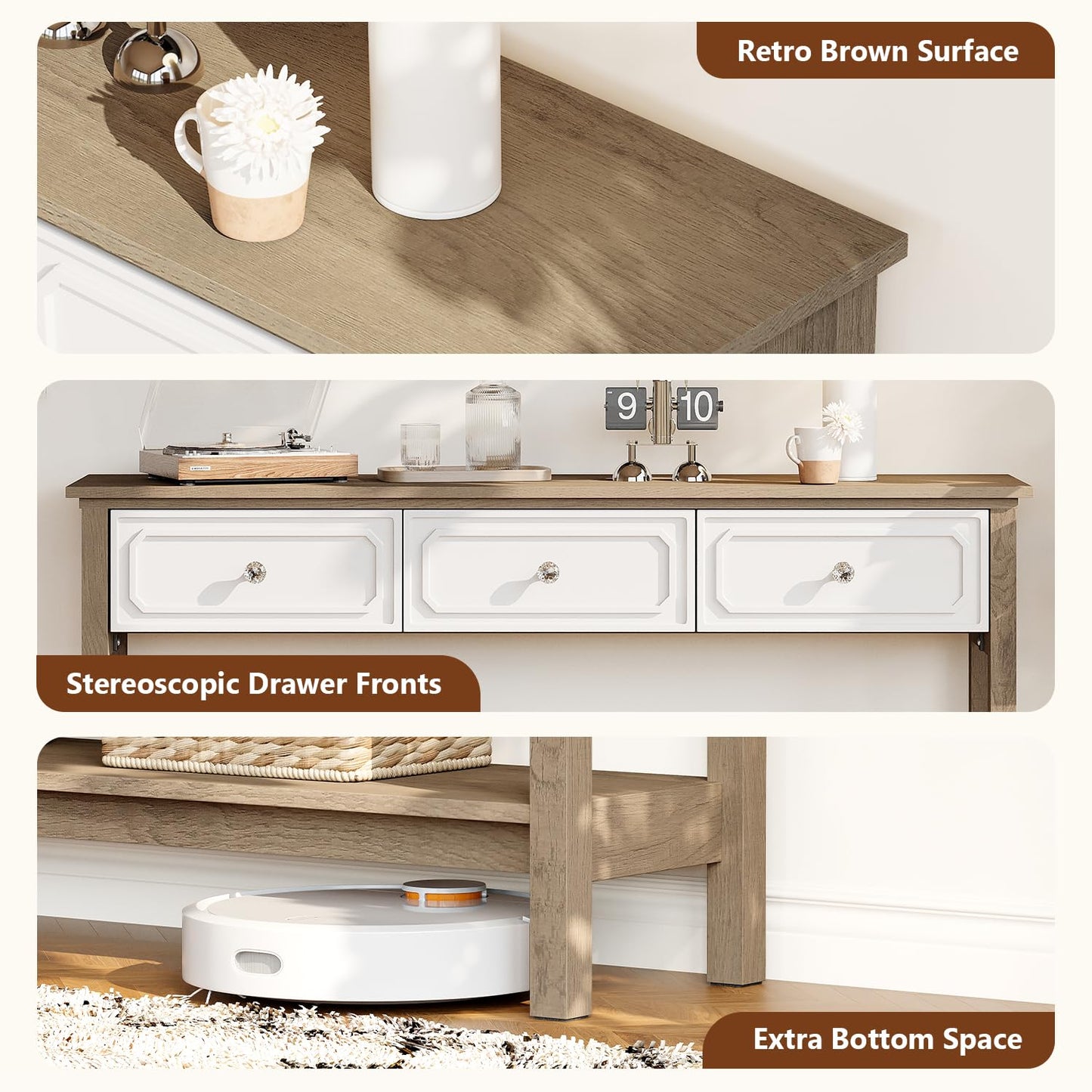 LAZZO Entryway Table with Storage Console Table with 3 Drawers and Open Shelf Behind the Couch Sofa Tables Narrow Long for Entry, Hallway, Foyer, Living Room Brown and White