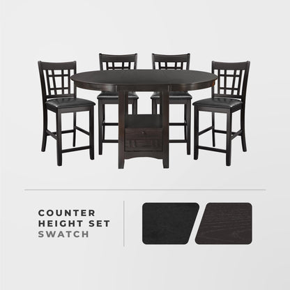 Lexicon Meyer 5 Piece Counter Height Dining Table Set, Extendable Counter Height Dining Room Set for 4, Including 1 Round Kitchen Table and 4 Lattice Back Chairs, Dark Cherry