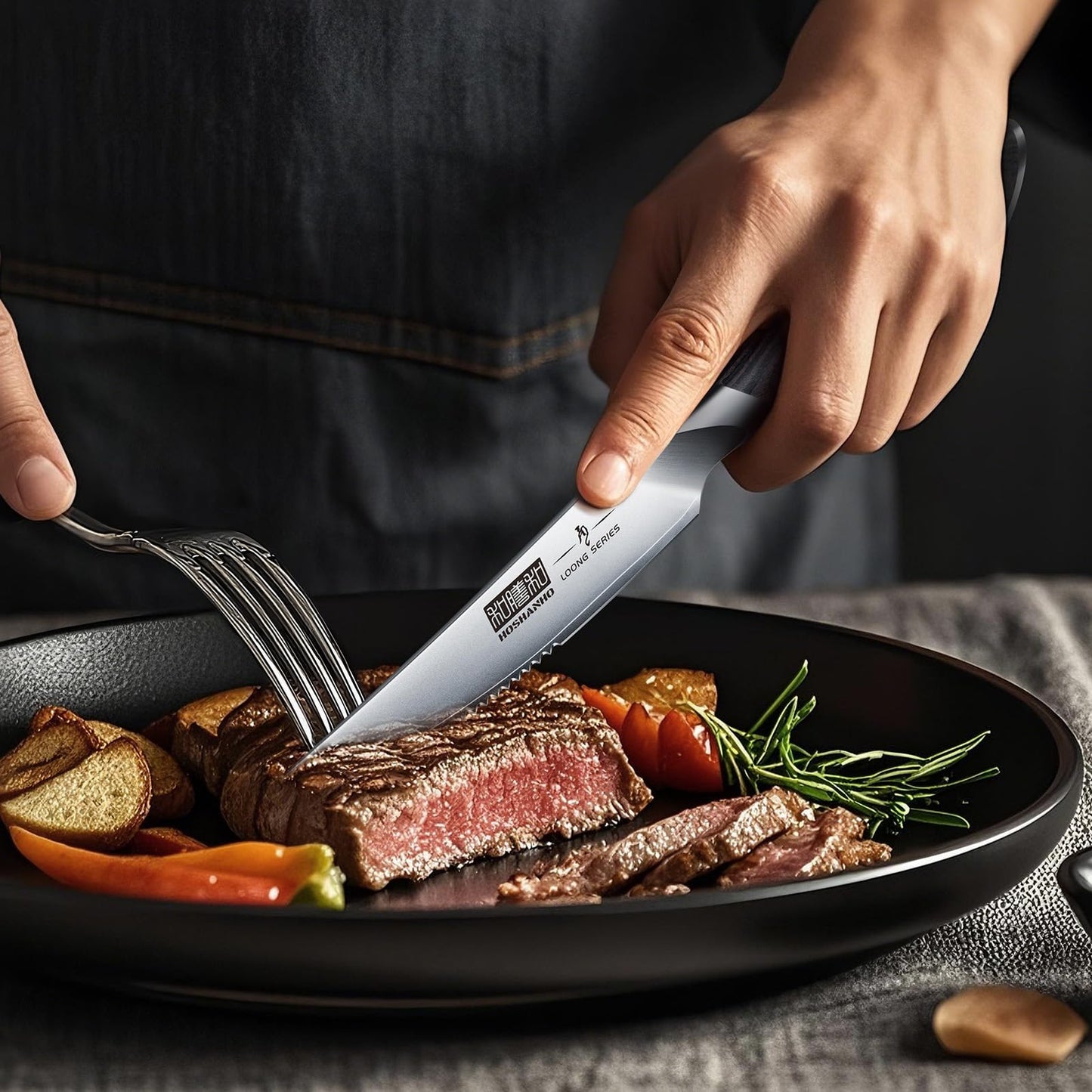 HOSHANHO Steak Knives Set of 6 with Block, 4.5 Inch Serrated Steak Knife Set, Japanese High Carbon Steel Kitchen Steak Knives with Ergonomic Handle