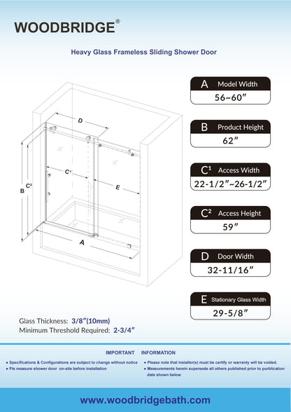 WOODBRIDGE MBSDC 6062-C Frameless Bathtub Shower Doors 56-60" Width x 62" Height with 3/8"(10mm) Clear Tempered Glass in Polished Chrome Finish