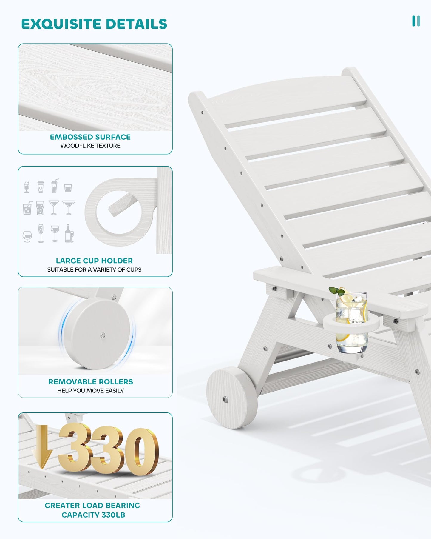SERWALL Patio Chaise Lounge Chair Set of 4, 5 Positions Adjustable Poly Outdoor Lounger for Pool, HDPE Lounge Chair with Rolling Wheels & Cup Holder for Poolside, Deck, White