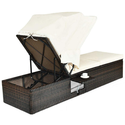 Tangkula Outdoor Chaise Lounge Chair with Folding Canopy, Adjustable Cushioned Reclining Chair with Flip-up Tea Table, Rattan Sun Lounger for Beach Poolside Backyard Balcony Porch (2)