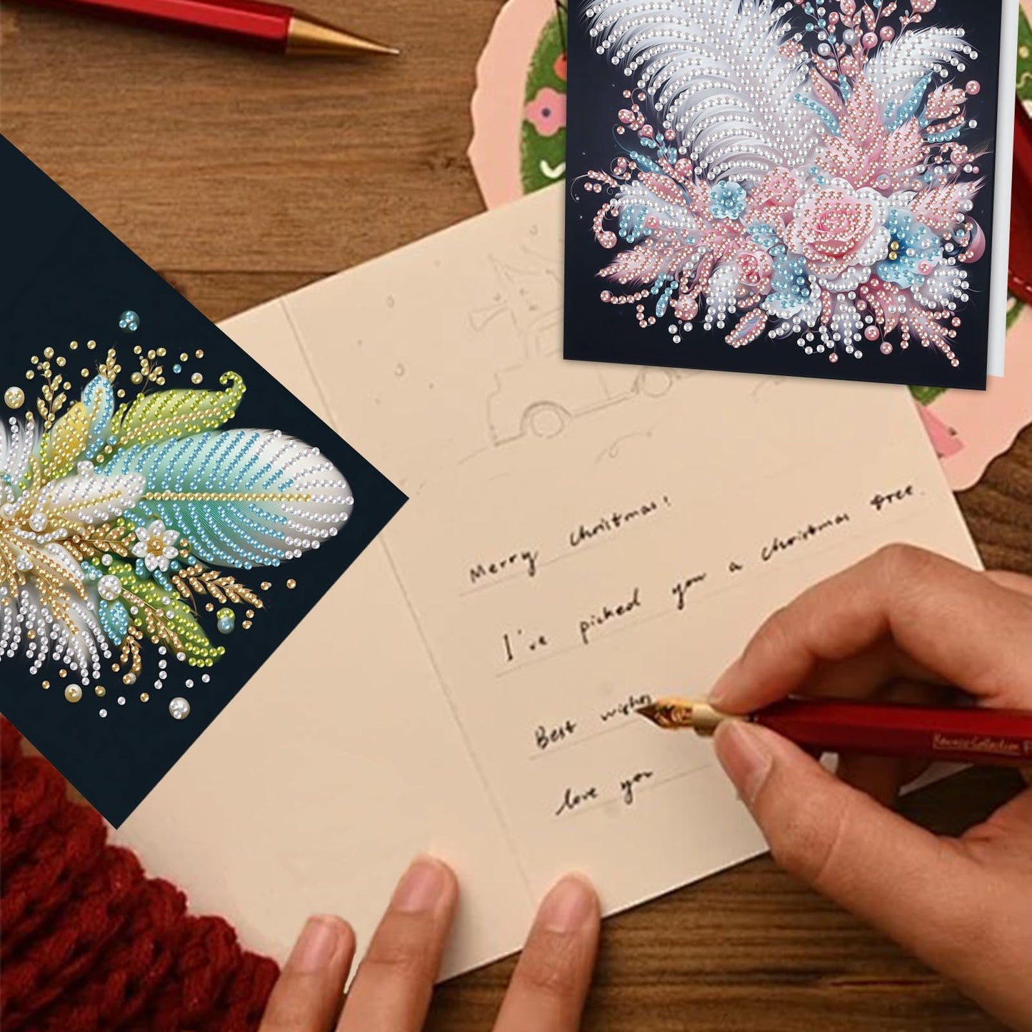 TDFERAN 6 Pack DIY Diamond Painting Greeting Cards Assortment with Envelopes Diamond Art Kits for Adults Blank Cards Cards for All Occasions Thank You Baby Wedding and More Note Cards Feather