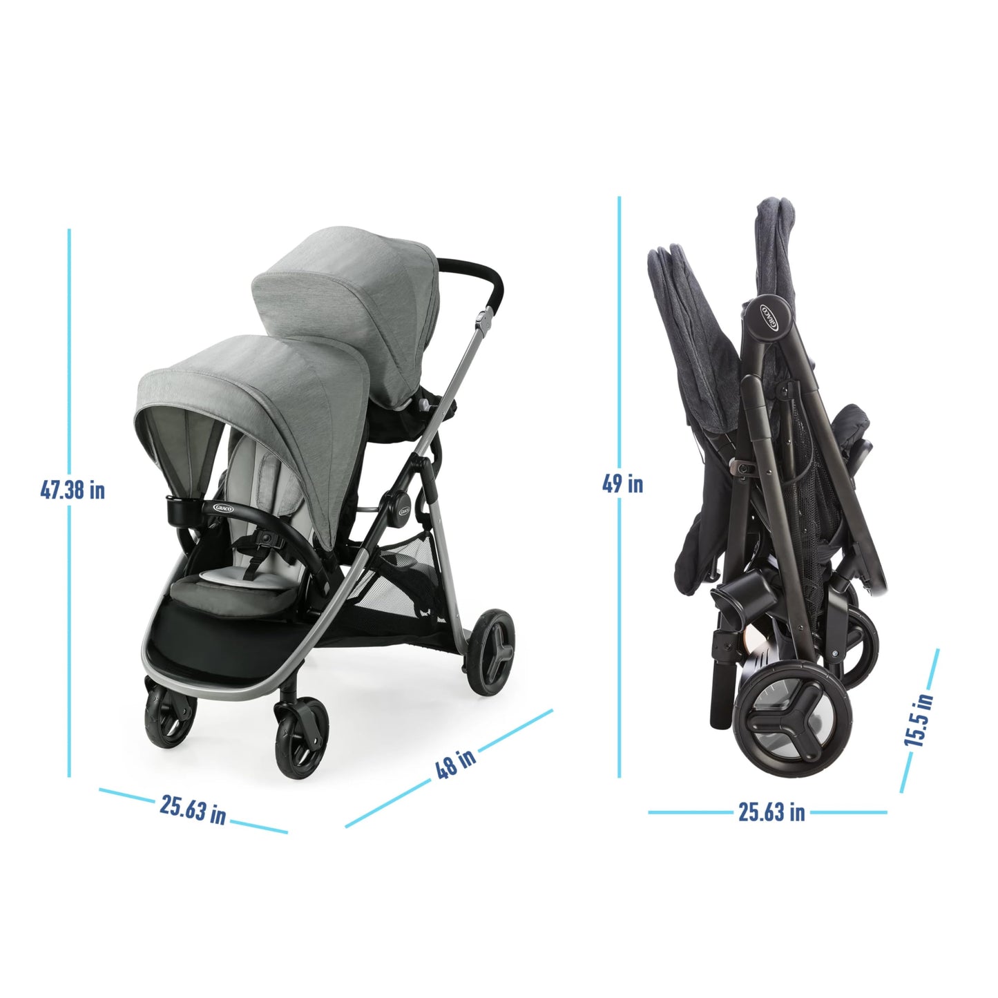 Graco Ready2Grow LX 2.0 Double Stroller, Twin Baby Stroller Features Bench Seat and Standing Platform Options, Compact Fold Perfect for Baby Travel, Clark