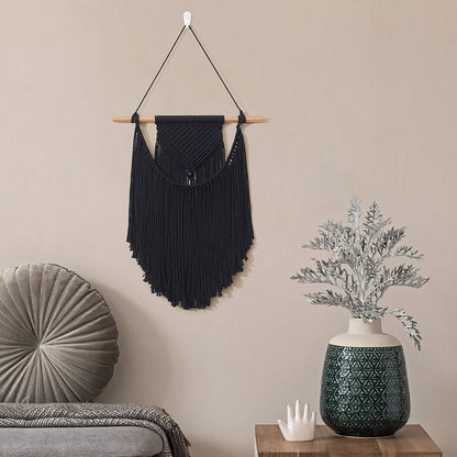Black Macrame Wall Hanging - Handmade Boho Geometric Wall Decor for Apartment Bedroom Living Room (14" W x 18.5" L)