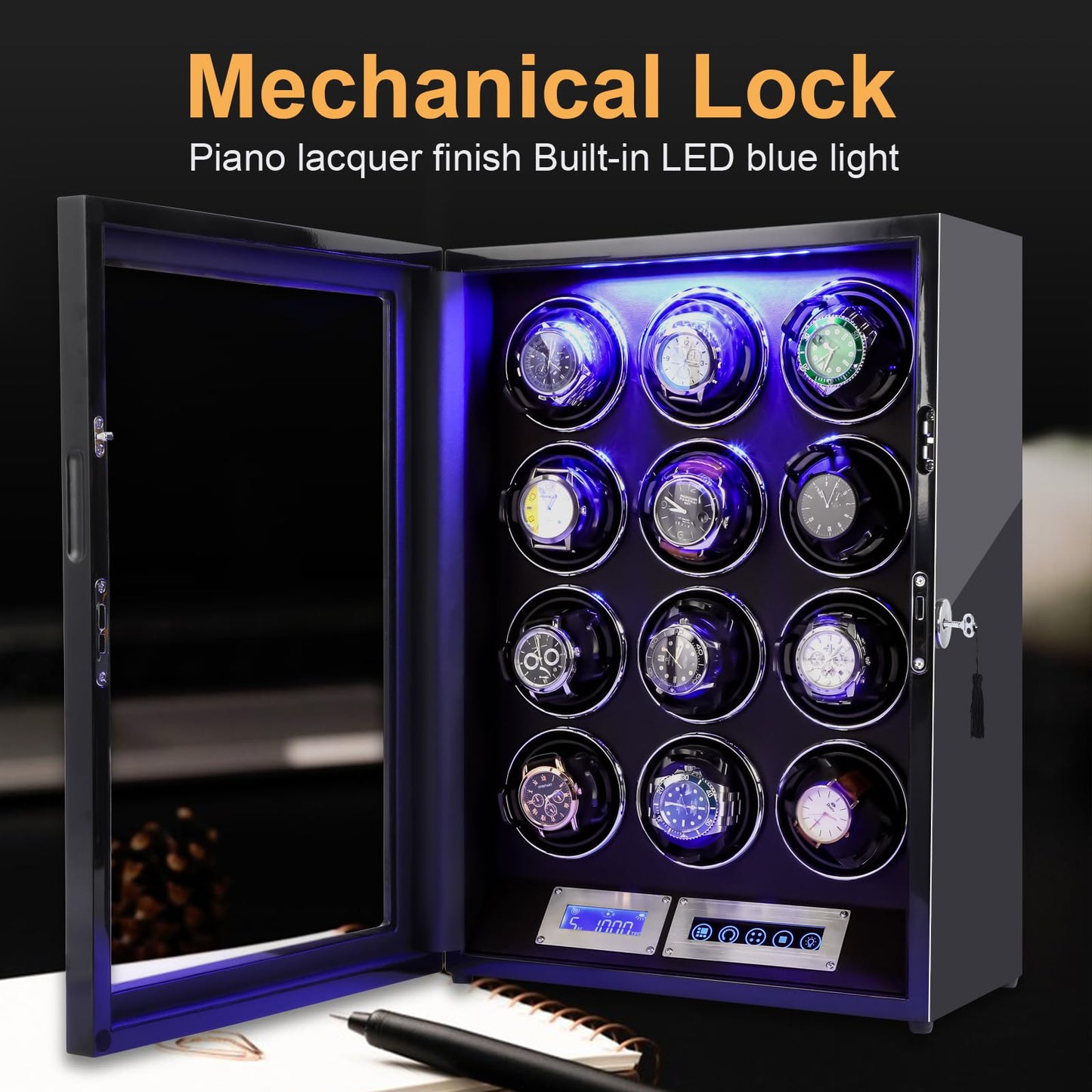SNEOLTJN Watch Winder for 12 Slots Automatic Watches, Ultra-Quiet Japanese Motors, Built-in LED Illumination and LCD Touchscreen Control