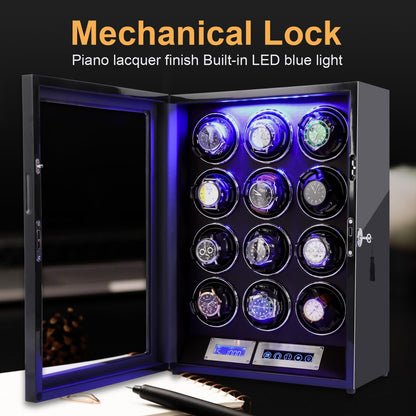 SNEOLTJN Watch Winder for 12 Slots Automatic Watches, Ultra-Quiet Japanese Motors, Built-in LED Illumination and LCD Touchscreen Control