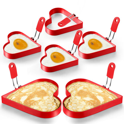 Patelai 6 Pcs Heart Pancake Mold Fried Hearts Shape Fried Egg Ring Set Stainless Steel Pancake Molds with Silicone Handle for Mothers Day Gift Breakfast Omelette Sandwich(Heart Style,4 Inch, 6 Inch)