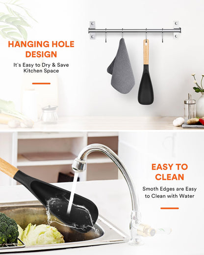 Cooking Spoon for Nonstick Cookwares, Great for Cooking and Serving Sturdy BPA-Free Matte Silicone, Wood Handle Spoon for Mixing, Scoop, and Scrape (Black)