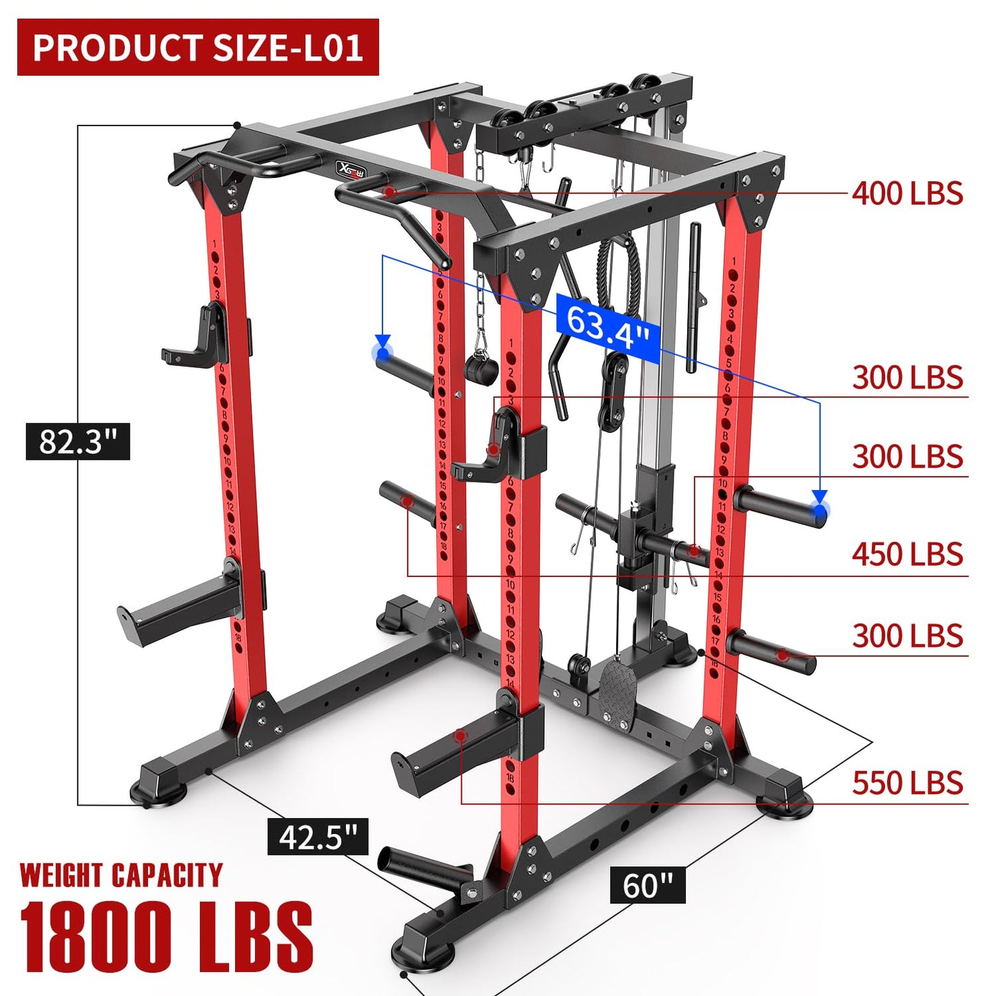Power Rack Power Cage Multi-Function Squat Rack with Cable Crossover System Selectable More Training Attachment Power Rack for Garage & Home Gym (Red, C Set L01+Weight Bench+（Pole+Cast Iron） 248LBS)