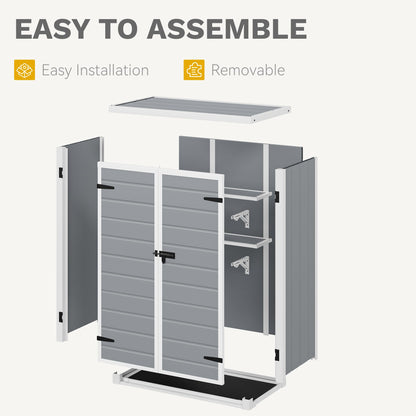 DWVO 4.3x2x5.5ft Outdoor Vertical Storage Shed with 2 Shelves, 50 Cu Ft Waterproof Resin Garden Shed with Lockable Door, Plastic Tall Tool Cabinet for Garbage Cans, Lawn Garden Supplies (Gray)