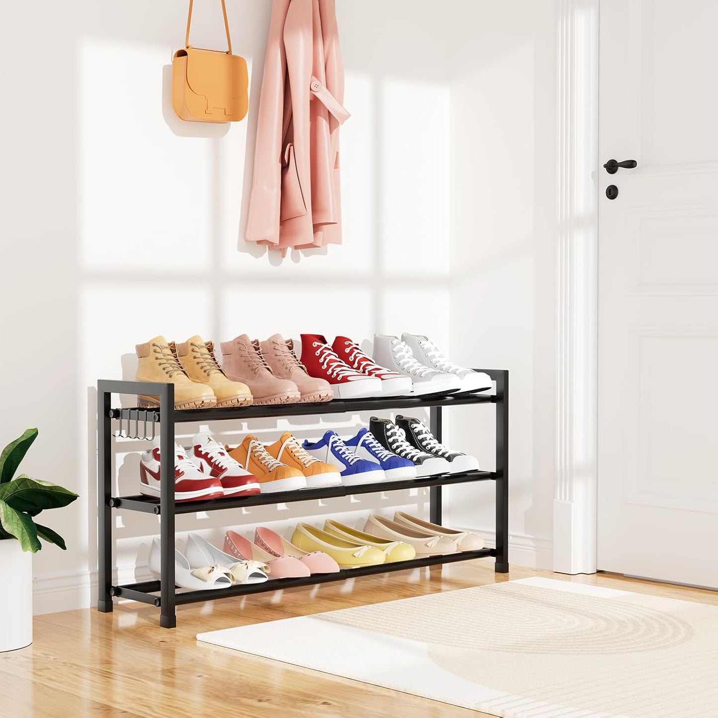 18.5"33", 3-Tier Closet, 12 Expandable Shoe Rack for Small Spaces, Adjustable Width Sturdy Metal Shoe Organizer