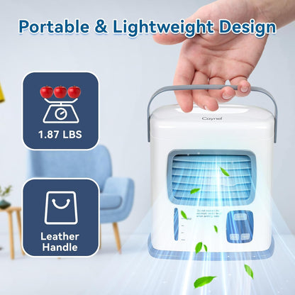 CAYNEL Portable Air Conditioner | 2 Speeds, 5W USB | Water Tank, 1~12h Timer | Adjustable Air Outlet for Desktop &