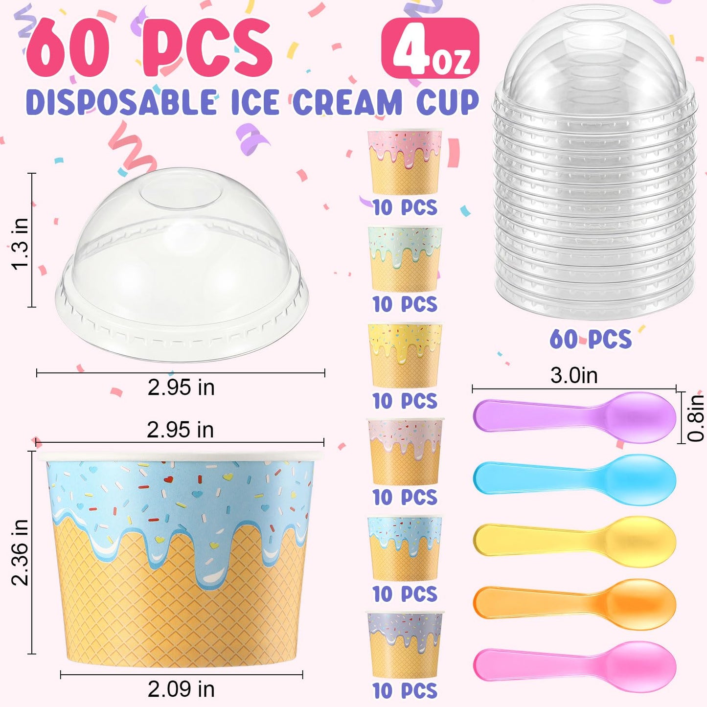 Jingmore 60 Set 4oz Ice Cream Paper Cups with Lids and Spoons, Disposable Sundae Bowls, Dessert Cups for Birthday Party Supplies, Ice Cream Bowls Bulk for Yogurt, Snacks