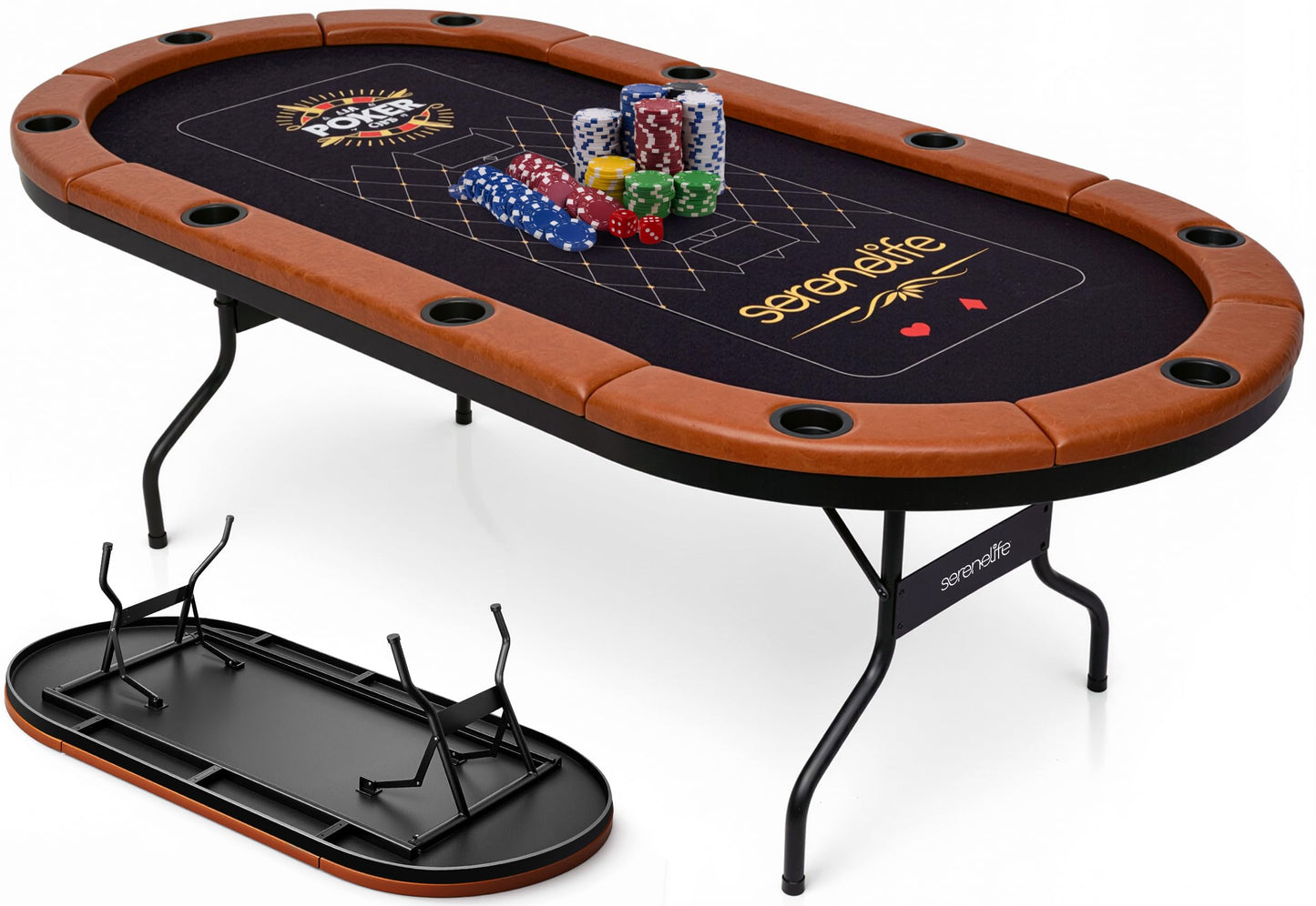 SereneLife 7ft Poker Table for 10 Players - Heavy Duty Oval Texas Hold'em Casino Table for Game Room, 25mm Reinforced Metal Legs, Durable Black PVC Rail, 10 Deep Cup Holders & Professional Layout