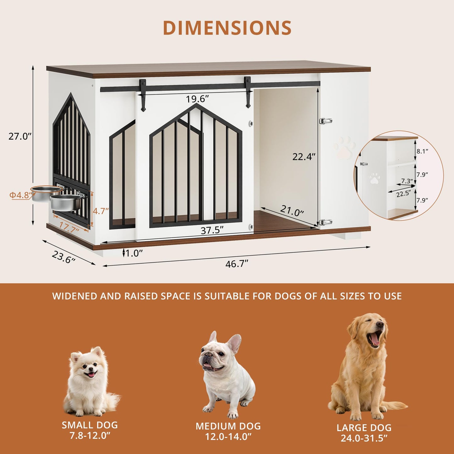 IRONCK Large Dog Crate Furniture with 2 Rotatable Dog Bowls, Wooden Dog Kennel with 2 Adjustable Shelves, Barn Doors Decorative Pet Cage Dog House as TV Stand, White