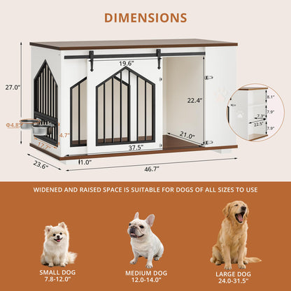 IRONCK Large Dog Crate Furniture with 2 Rotatable Dog Bowls, Wooden Dog Kennel with 2 Adjustable Shelves, Barn Doors Decorative Pet Cage Dog House as TV Stand, White