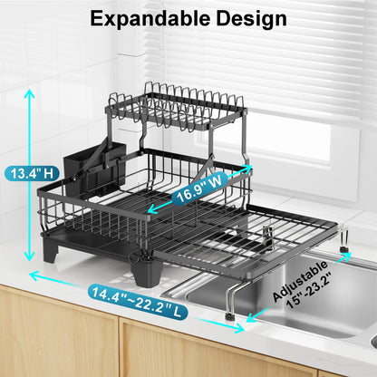 GSlife Large 2 Tier Dish Drying Rack, Expandable Heavy-Duty Dish Rack for Kitchen Counter, Rust-Resistant Dish Drainer with Utensil & Cup Holder, Auto-Drain, 16.9" W x 14.4"-22.4" L, Black