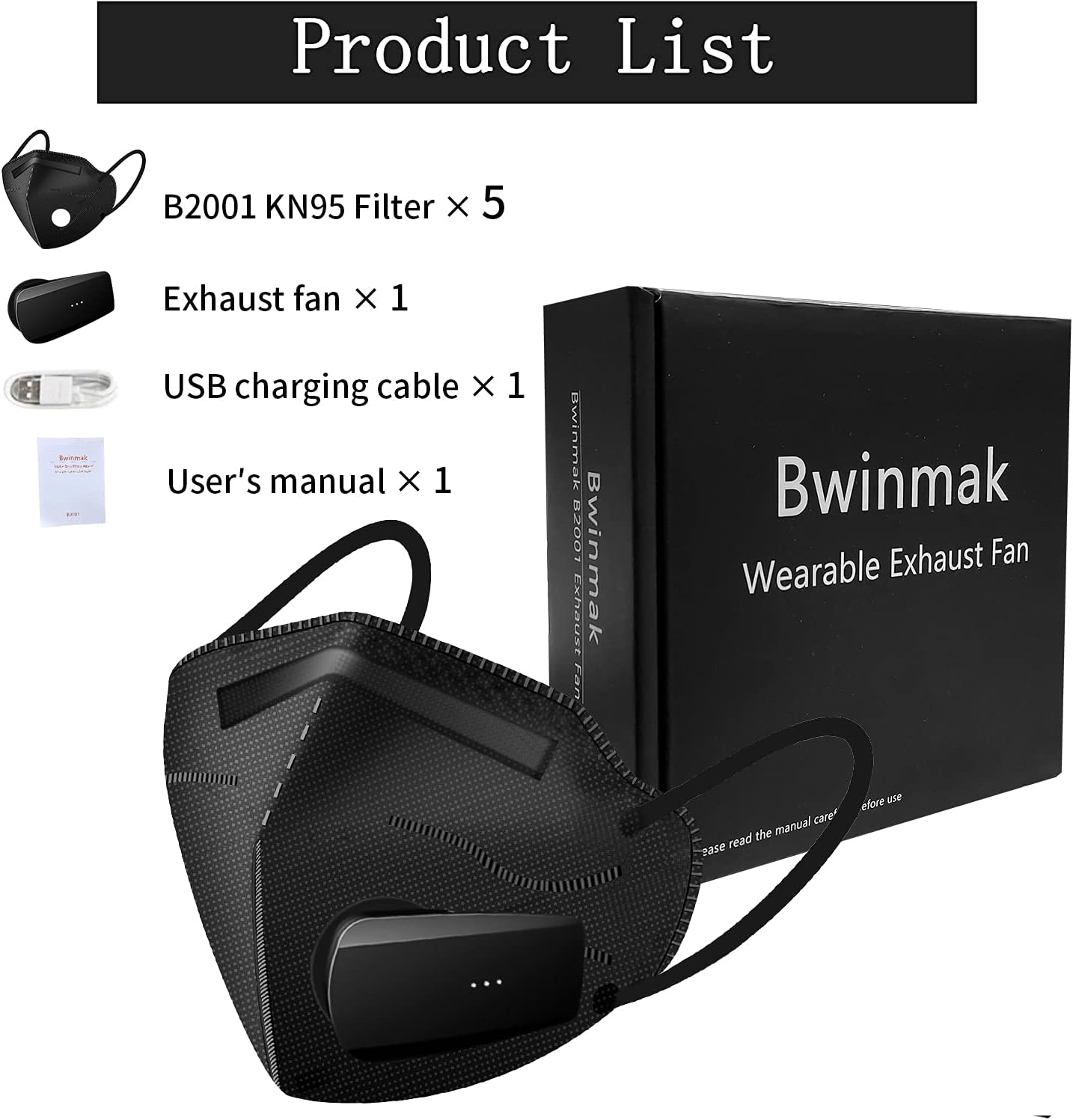 Bwinmak Fashion Wearable Air Purifier USB Exhaust Fan for Masks, Cooking, Training, Outdoor Sports - Black
