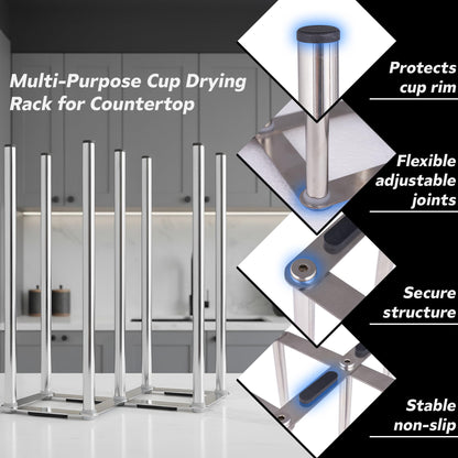 ANSOTHIN Water Bottle Drying Rack, Cup Drying Rack for Counter, Stainless Steel Tumbler Dryer Stand, Space-Saving Mug & Glass Drying Rack, Heavy-Duty Holder for Cups & Water Bottles (Silver – 7 Pegs)