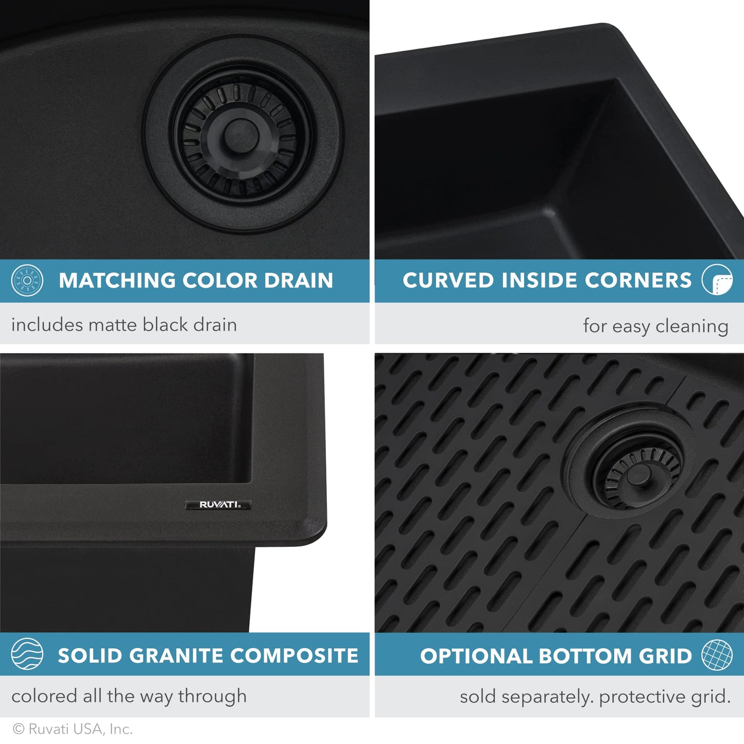 Ruvati Midnight Black Granite Composite 33 in. x 22 in. Single Bowl Drop-in Topmount Kitchen Sink RVG1033BK