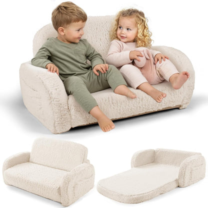2-in-1 3+, Sherpa Fold Out Kids Couch, Extra Wide Comfy Toddler Chair, Convertible Kids Sofa to Lounger, Foldable