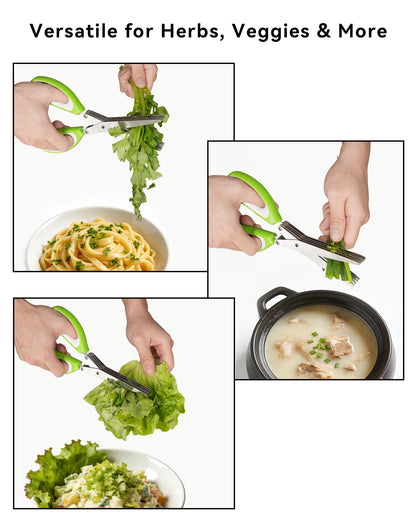 5 Blades Herb Scissors - Professional Kitchen Shears with Safety Cover for Cutting Green Onions, Fresh Herbs, Vegetables & Salad Food Prep, Must-Have Cooking Gadgets, Dishwasher Safe