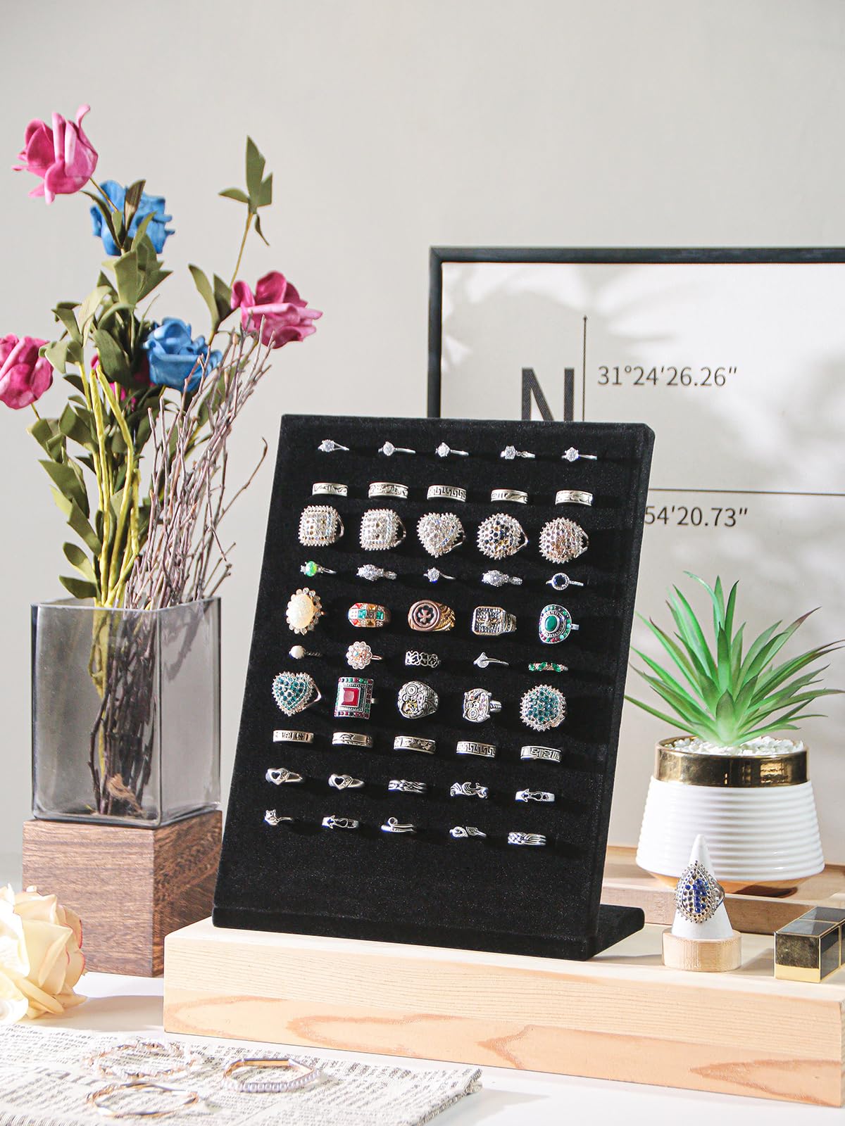 Ausalivan Ring Board Display Stand,Velvet Jewelry Earring Organizer Holder for Selling,Vendors Storage Tray for Multiple Rings (Black)