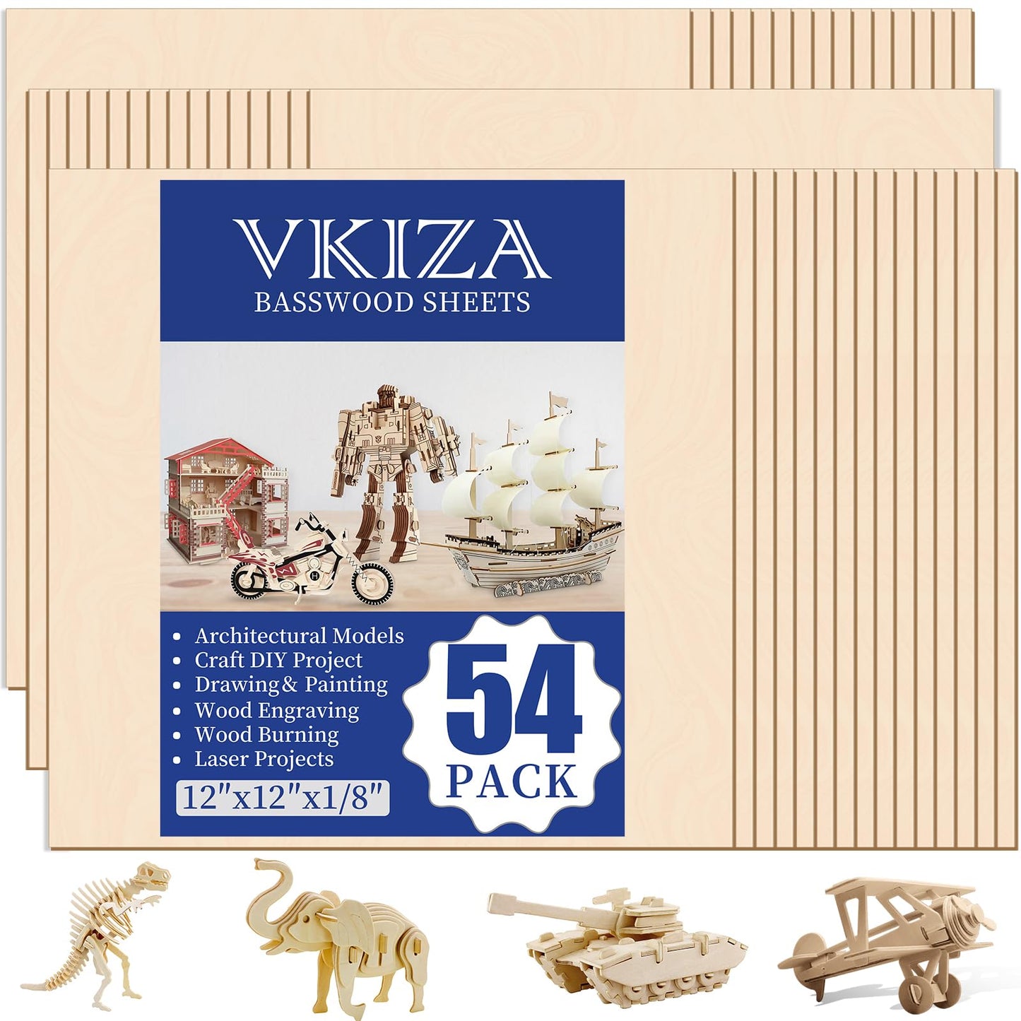 VKIZA 54 Packs Basswood Sheets 12"x12"x1/8", 3mm Basswood for Laser Cutting and Engraving, Thin Plywood Board Unfinished Wood for Crafts, DIY Ornaments and Architectural Model, Wood Burning.
