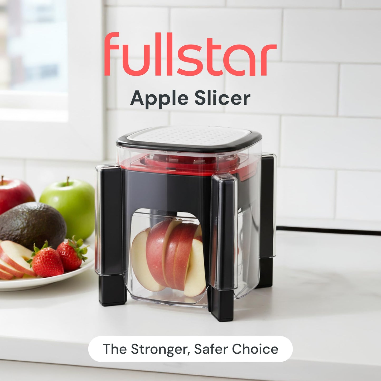 Fullstar Apple Slicer & Corer with Built-In Container – 2-Blade Fruit Cutter, 8 Slices, Includes Strawberry & Soft Fruit Attachments, Heavy-Duty Stainless Steel, Mess-Free Meal Prep