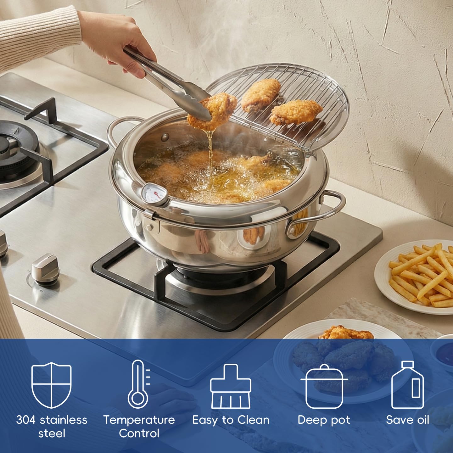 PUCOHOUSE Deep Fryer Pot, Japanese Frying Pot 4.2L/4.5Qt Large, 304 Stainless Steel Tempura Fryer with Lid, Thermometer and Oil Drip Drain Rack for Family Cooking