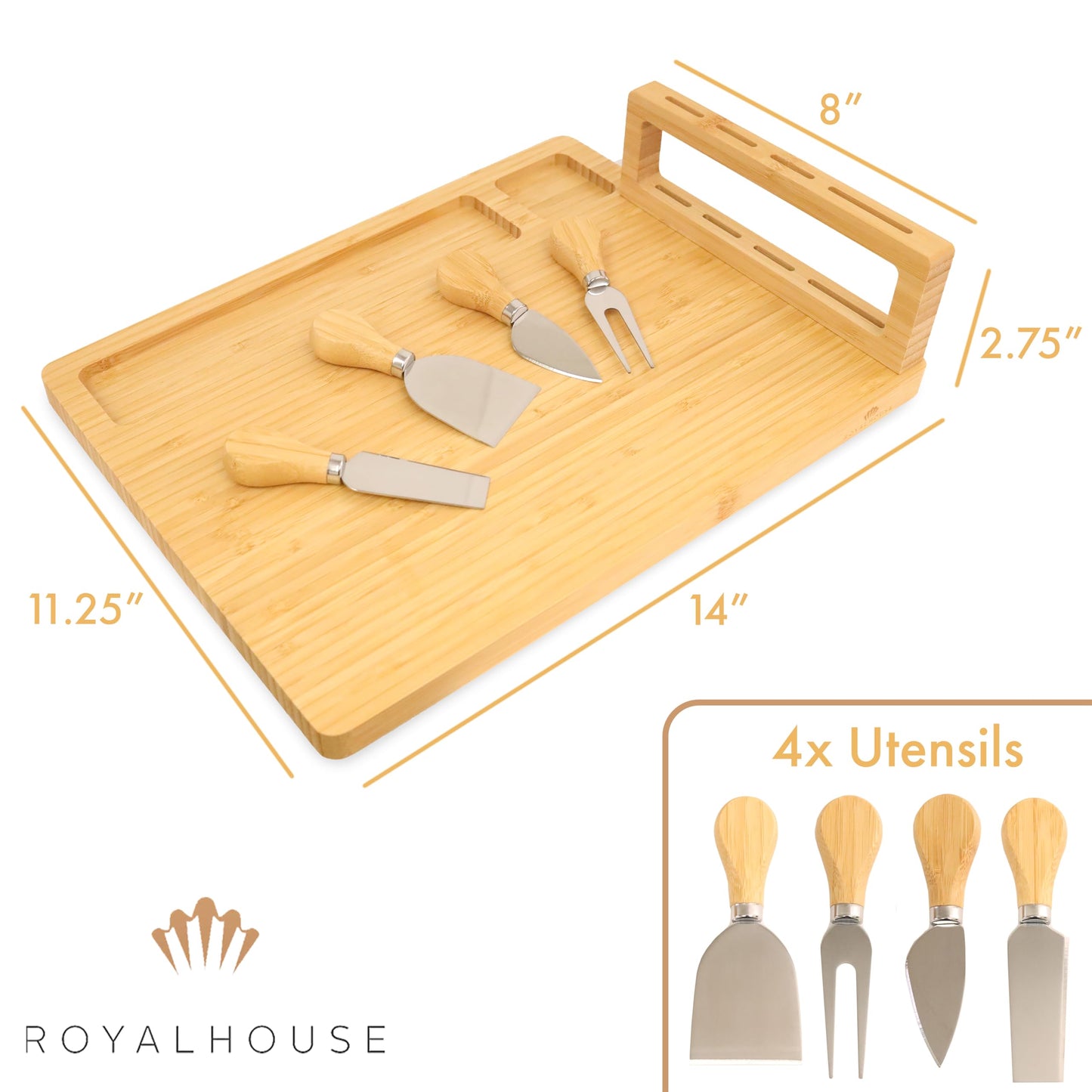 RoyalHouse Bamboo Cheese Board and Knife Set with Magnetic Holder - Serving Tray for Crackers, Meat, and Wine - Anniversary and Wedding Gift
