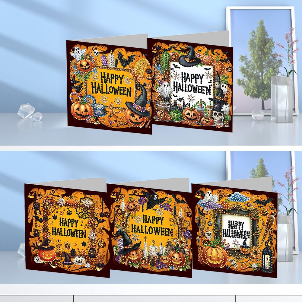 5D DIY Diamond Painting Greeting Card Kit, Diamond Art Halloween Pumpkin Gnome Holiday Greeting Card, Art Crafts Kit Creative Gift with Envelope (5pcs-Black)