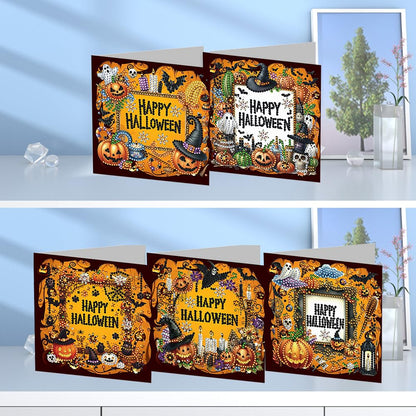 5D DIY Diamond Painting Greeting Card Kit, Diamond Art Halloween Pumpkin Gnome Holiday Greeting Card, Art Crafts Kit Creative Gift with Envelope (5pcs-Black)