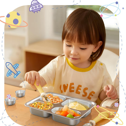 Bakpoco Stainless Steel Divided Plate for Kids Toddler, Non Toxic Portion Control Plate Dinner Plate with Lid for Adults Weight Loss, 2 Pack 4 Sections Rectangular Snack Plate Tray