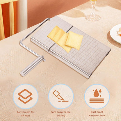 Direvcdro Stainless Steel Cheese Slicer with 5 Replacement Wires Adjustable Cheese Cutter and Cutting Board - For Block Cheese with Precision Scale for Gadget，Charcuterie etc