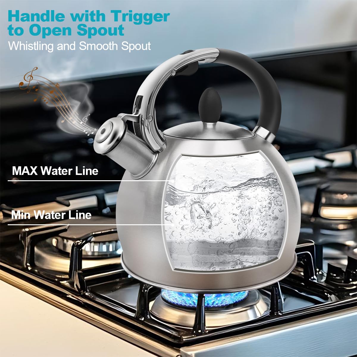 BAERFO Tea Kettle, 2.64 Qt Tea Pot Stovetop, Premium 304 Food-Grade Tea Kettle Stovetop, Resounding Sound, Vintage Aesthetics, with Pot Holder (Brushed)