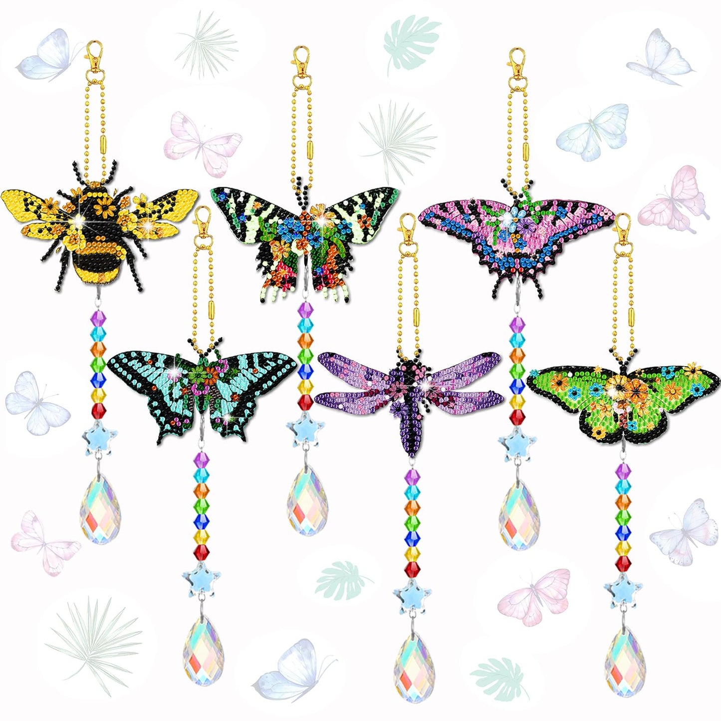 Tradder 6 Pcs Butterfly Diamond Art Wind Chimes for Summer Tree Decoration Diamond Art Kit with Crystal Pendant Make Your Own Keychains 5d DIY Home Garden Hanging Ornament